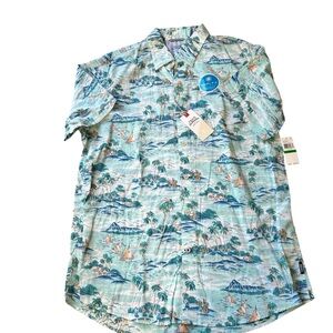 Izod Blue and Green Casual Button Down Shirt‎ with Tropical Charm